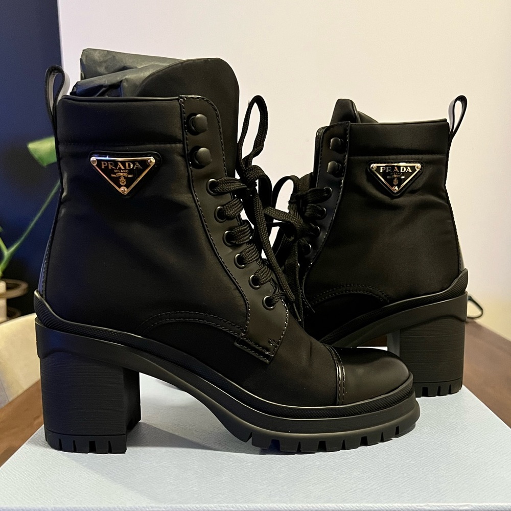 Prada Brushed Leather and Nylon laced booties